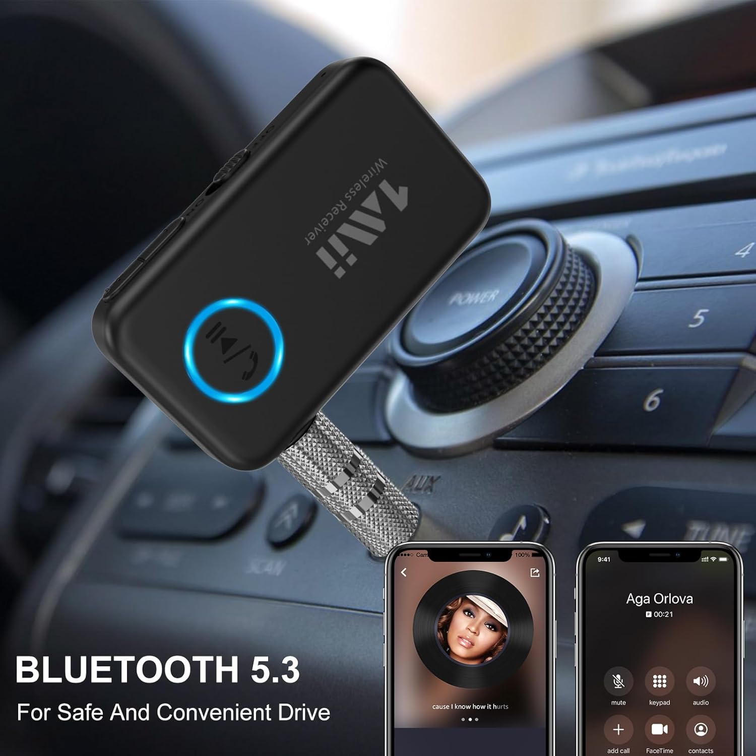 1Mii Bluetooth 5.3 Music Receiver for Car/Home Stereo, Aux Bluetooth Adapter for Car with Volume Control Supports Hands Free Calls, 16H Battery Life - Image 2