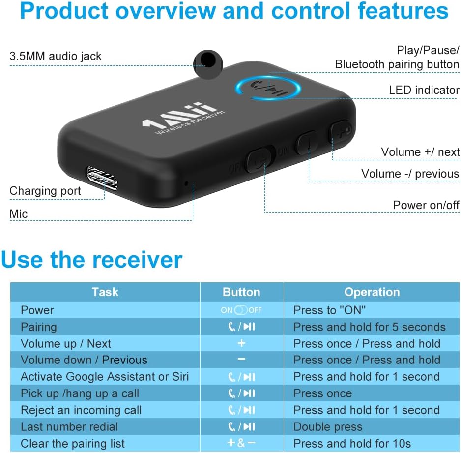 1Mii Bluetooth 5.3 Music Receiver for Car/Home Stereo, Aux Bluetooth Adapter for Car with Volume Control Supports Hands Free Calls, 16H Battery Life - Image 7