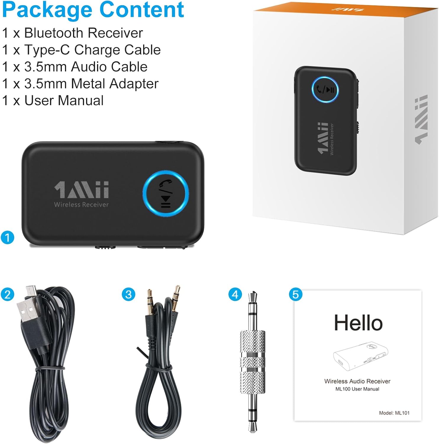 1Mii Bluetooth 5.3 Music Receiver for Car/Home Stereo, Aux Bluetooth Adapter for Car with Volume Control Supports Hands Free Calls, 16H Battery Life - Image 8