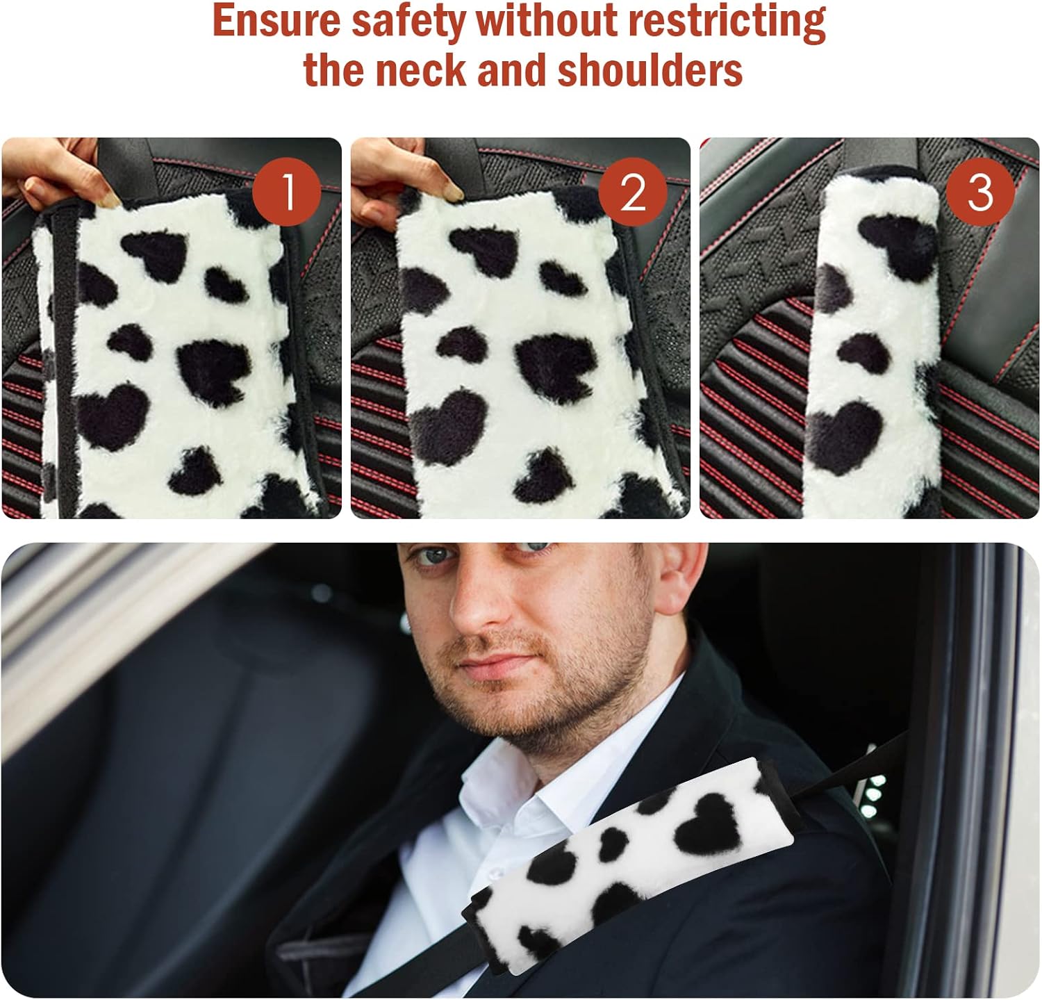 2 Pack Seat Belt Cover Pad Soft Plush Car Seat Belt Pads Faux Sheepskin Love Covers Comfort Driving Cushion Strap Helps Protect Your Neck and Shoulders for Women Black - Image 7
