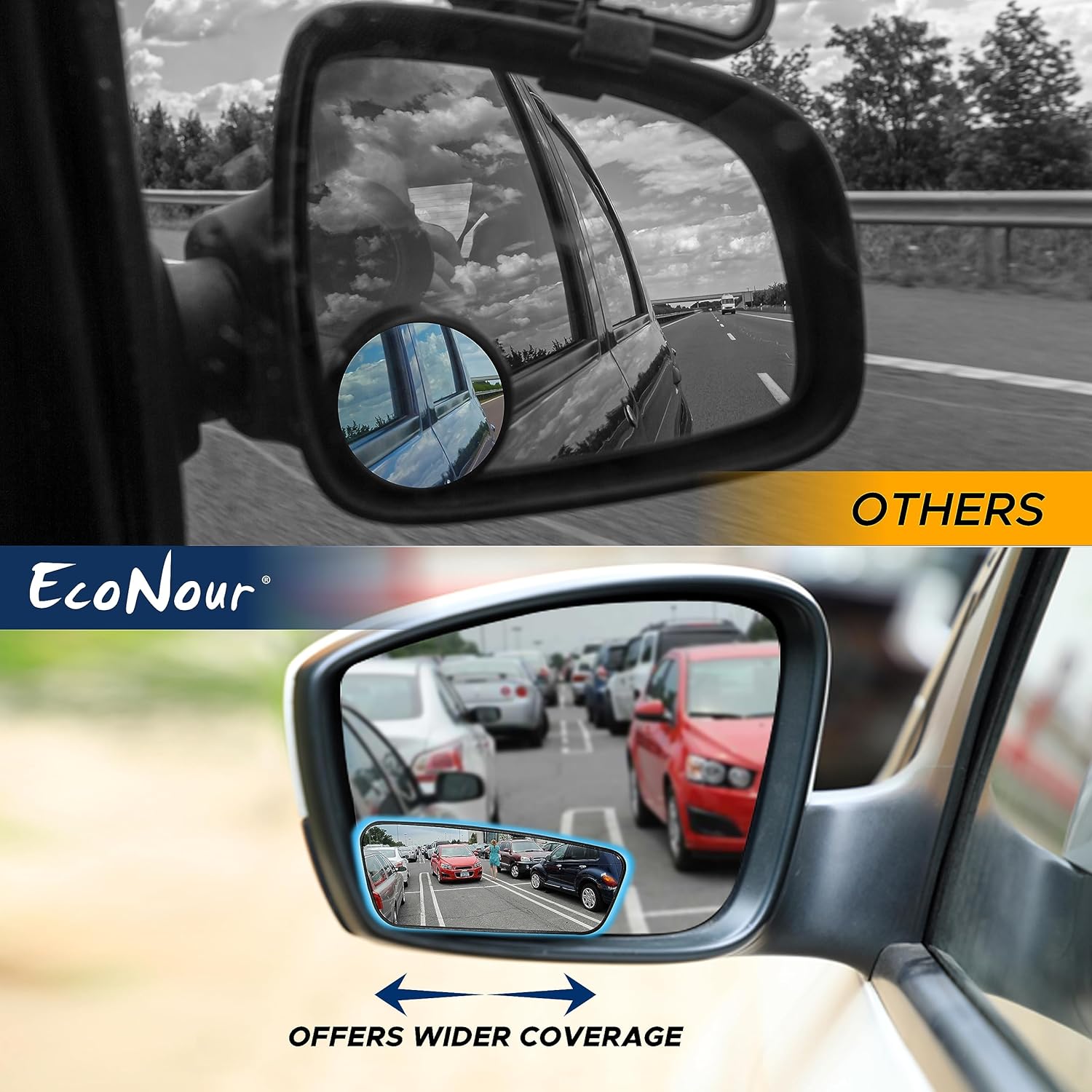 EcoNour Blind Spot Car Mirror (2 Pack) | Wide Angle Mirror for 3x Larger View | Universal Car Rear View Mirror with Rain Guard | Side Mirror Blind Spot with Adjustable Stick for Cars, SUVs, and Trucks - Image 2