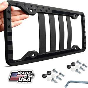 Silicone American Flag License Plate Frame with Embossed 3D Stars on Black Matte Covers for Car Truck SUV - Anti-Rattle, Anti-Scratch - Made in The USA (1)